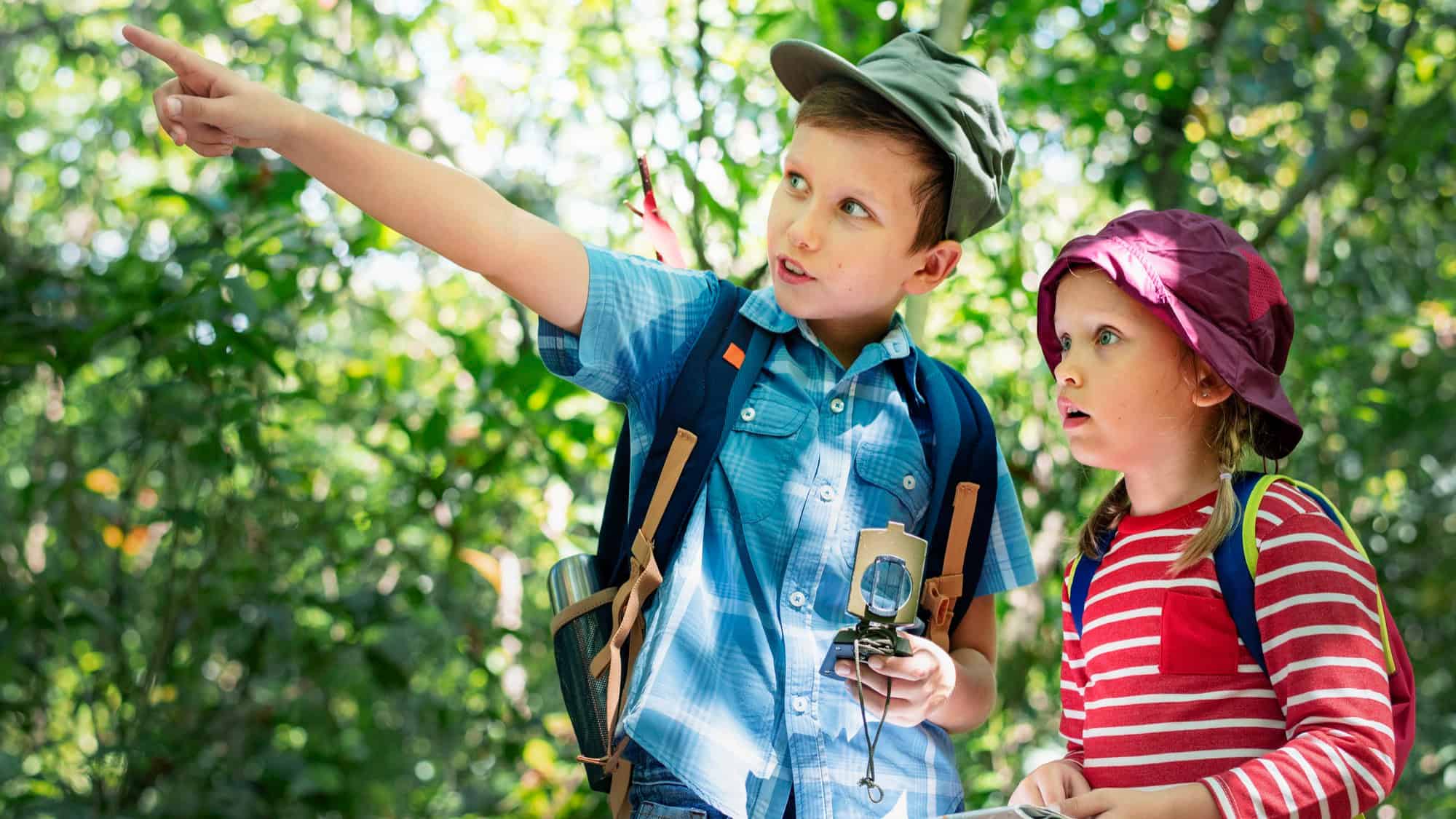 Exploring nature students pointing in the woods during outdoor educational activity at MKS.