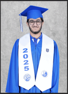 Graduate in blue cap and gown at MKS Bahrain, celebrating academic achievement and 2025 graduation.